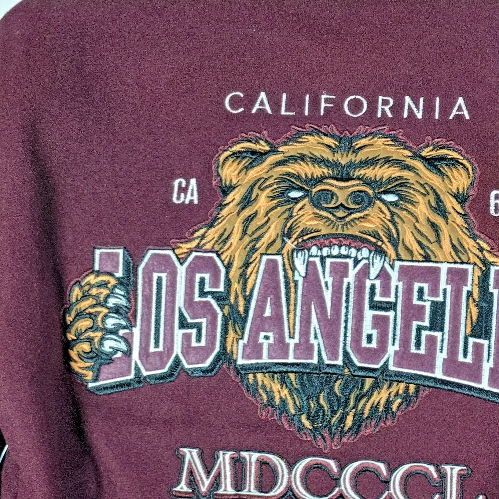 Ring of Fire Boys Varsity Jacket Med Burgundy Black Faux Leather Sleeve CA Bear